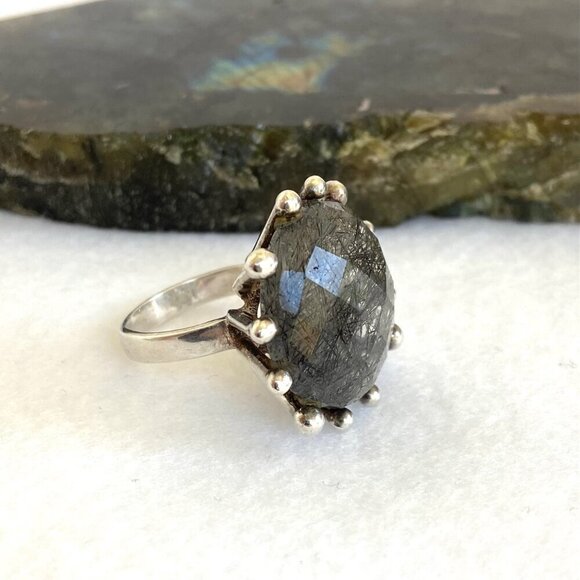 Sterling Silver 925 Large Round Faceted Tourmalated Quartz Cocktail Ring Sz 6.75 - Picture 4 of 16